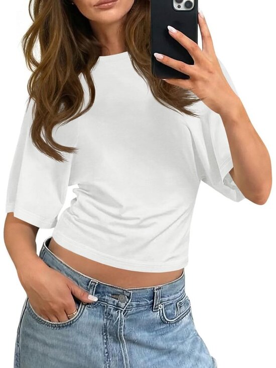 Tops - Women's White Crewneck Short Sleeve Summer Casual Waisted Basic Trendy Crop Tops
